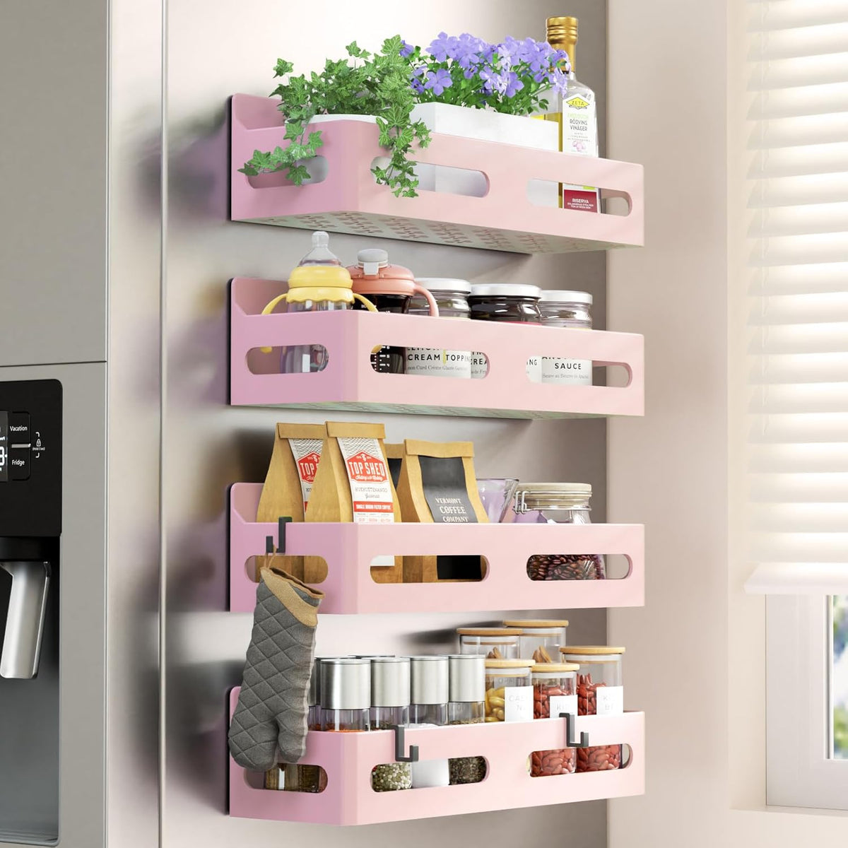 Magnetic Spice Rack for Refrigerator with Hooks, Black | Strong multipurpose magnetic shelf for kitchen & bathroom organization. Includes 4 removable hooks for hanging items.