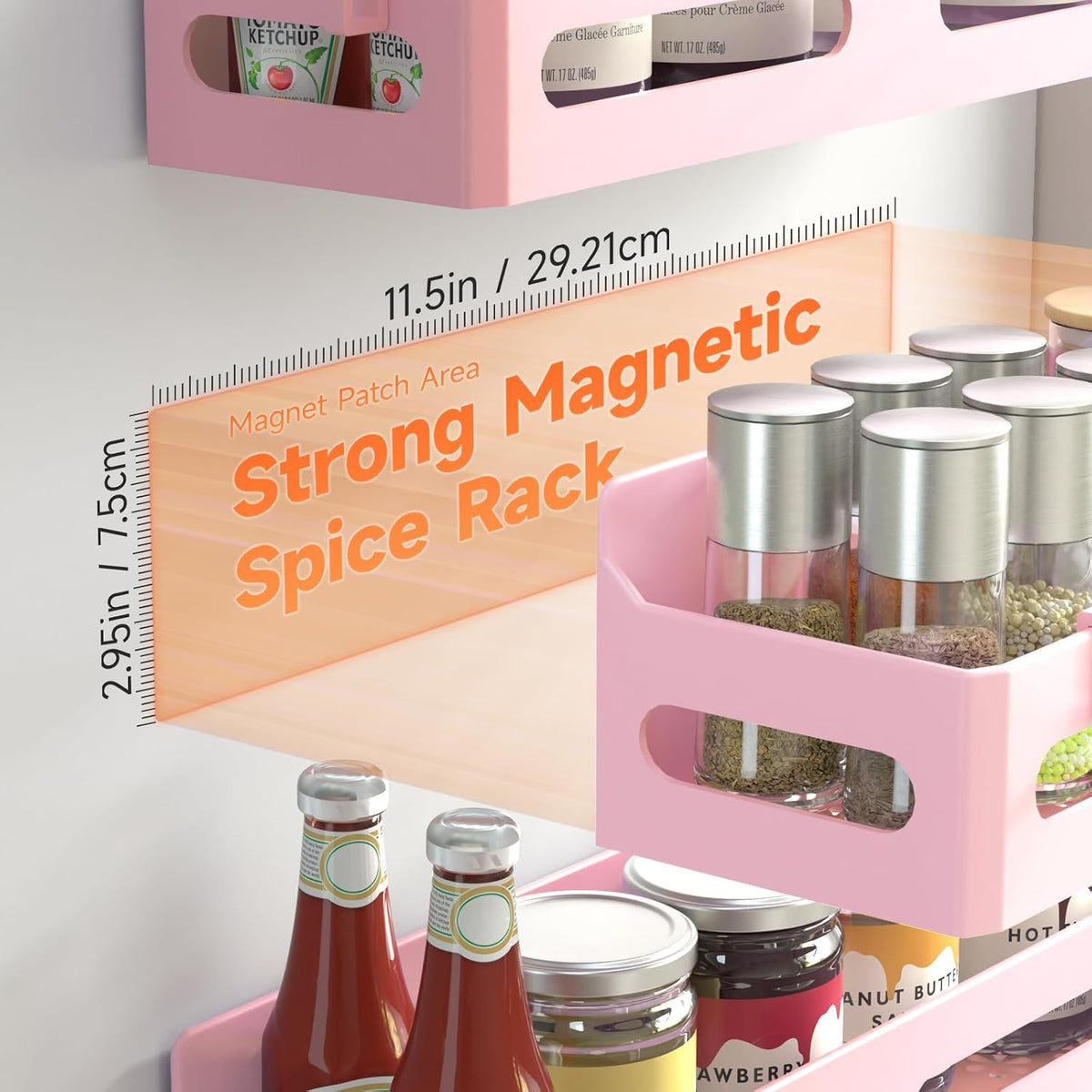 Magnetic Spice Rack for Refrigerator with Hooks, Black | Strong multipurpose magnetic shelf for kitchen & bathroom organization. Includes 4 removable hooks for hanging items.