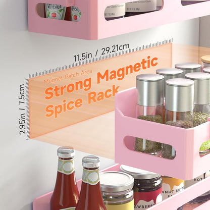 Magnetic Spice Rack for Refrigerator with Hooks, Black | Strong multipurpose magnetic shelf for kitchen & bathroom organization. Includes 4 removable hooks for hanging items.