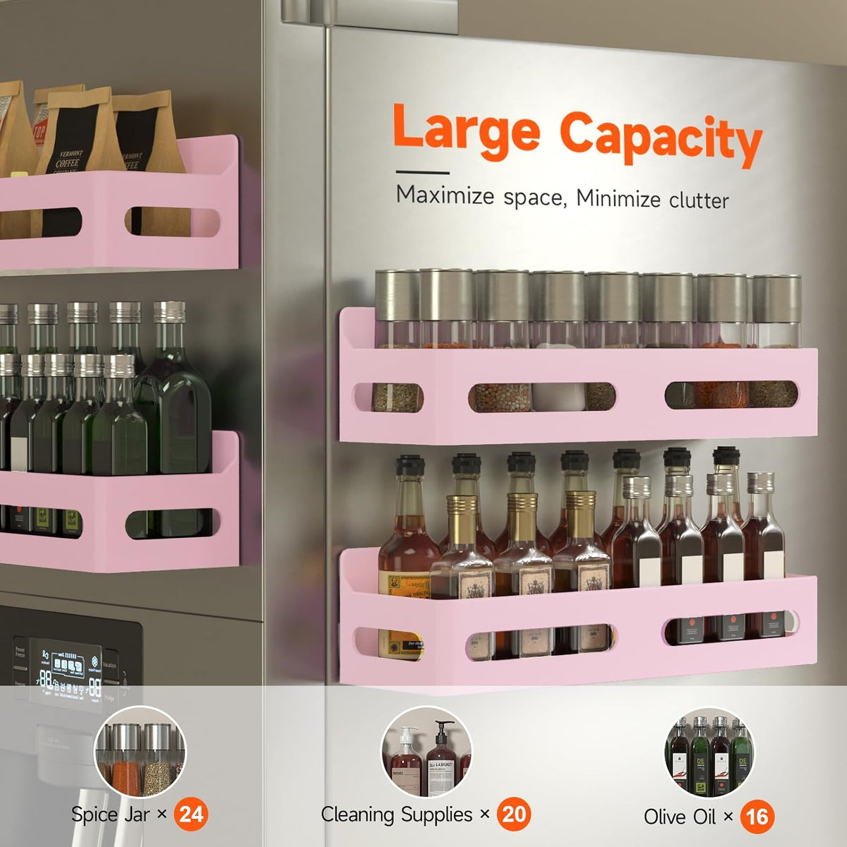 Magnetic Spice Rack for Refrigerator with Hooks, Black | Strong multipurpose magnetic shelf for kitchen & bathroom organization. Includes 4 removable hooks for hanging items.