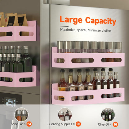 Magnetic Spice Rack for Refrigerator with Hooks, Black | Strong multipurpose magnetic shelf for kitchen & bathroom organization. Includes 4 removable hooks for hanging items.