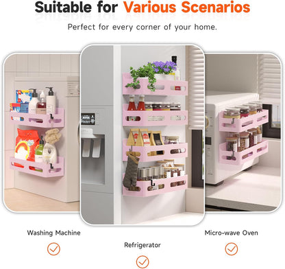 Magnetic Spice Rack for Refrigerator with Hooks, Black | Strong multipurpose magnetic shelf for kitchen & bathroom organization. Includes 4 removable hooks for hanging items.