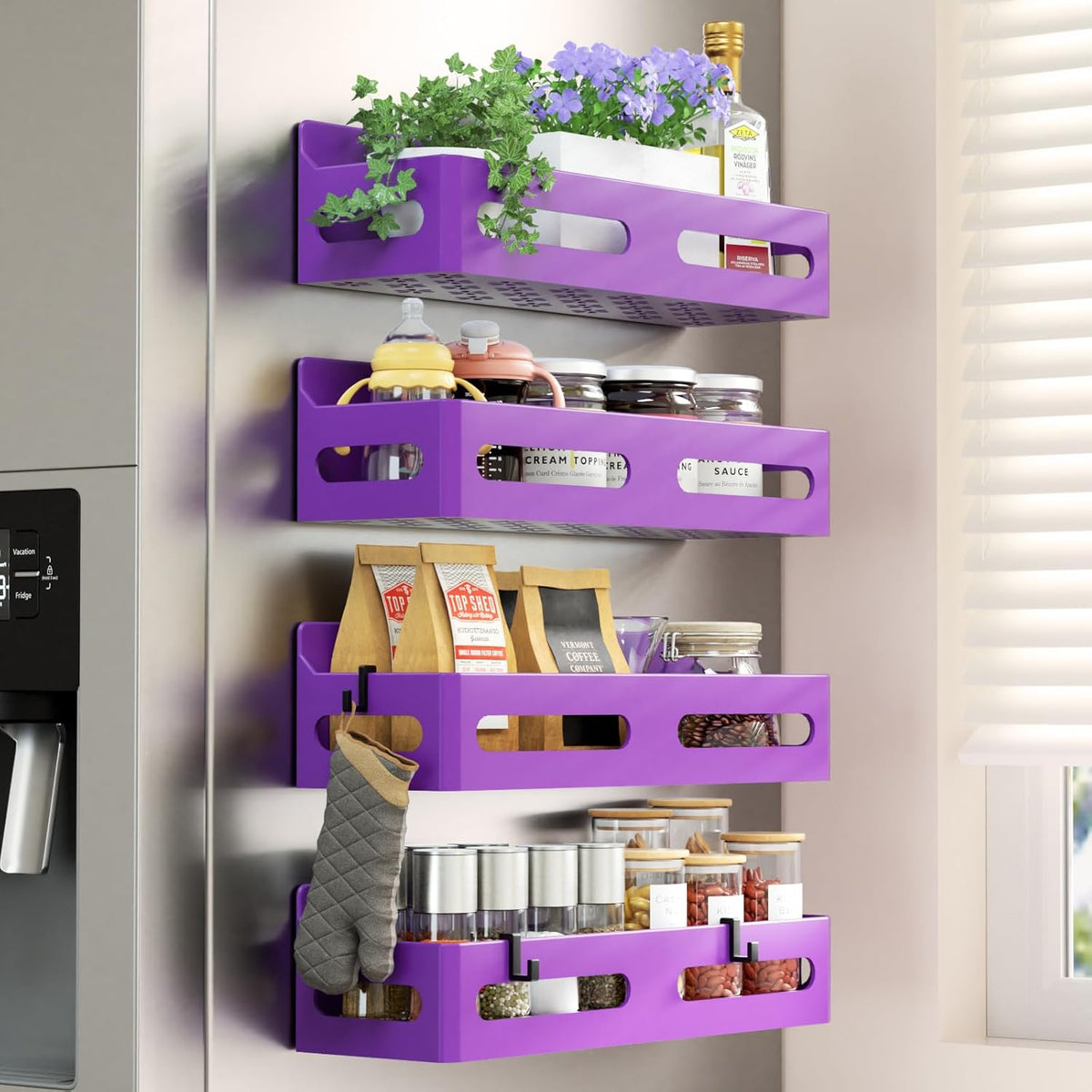 Magnetic Spice Rack for Refrigerator with Hooks, Black | Strong multipurpose magnetic shelf for kitchen & bathroom organization. Includes 4 removable hooks for hanging items.