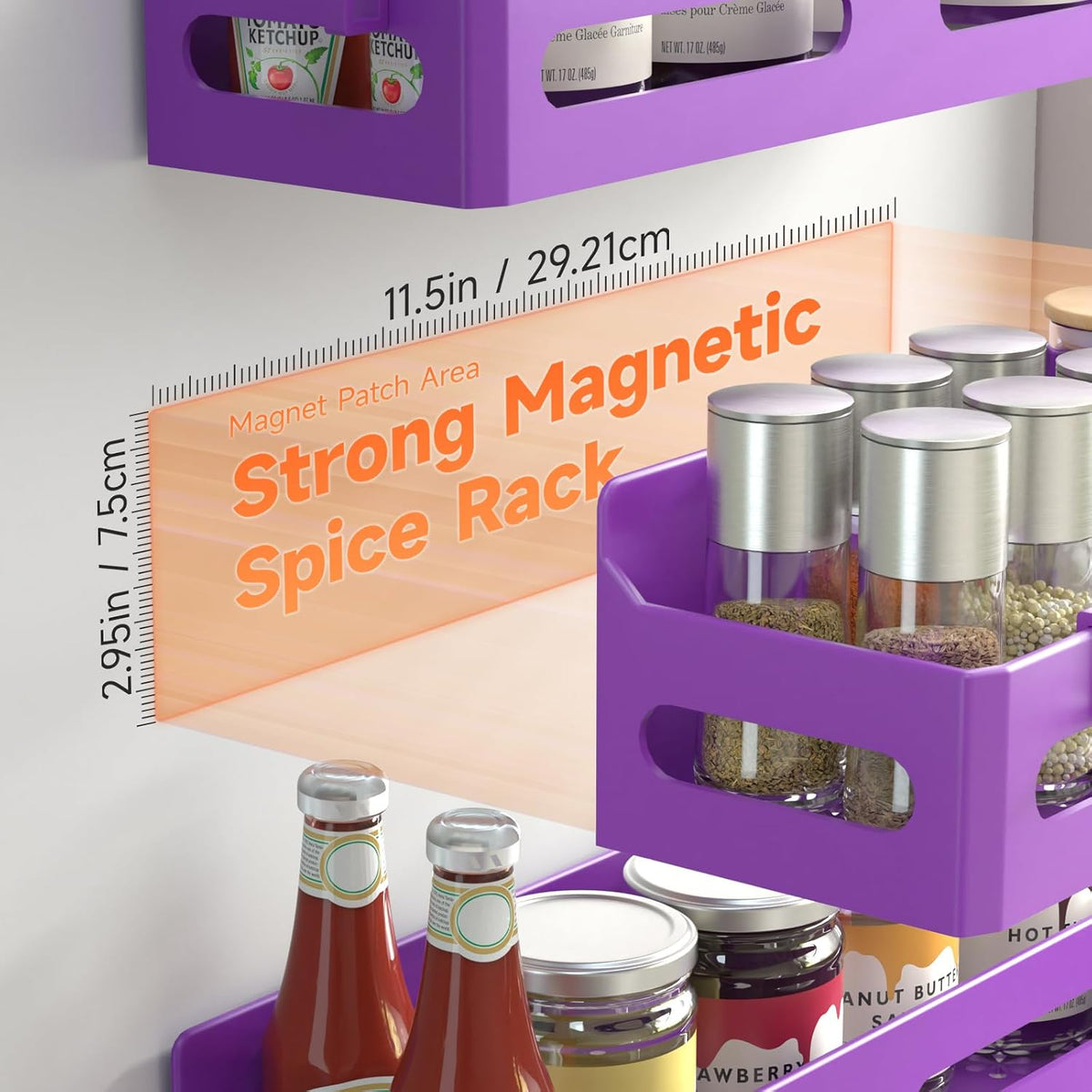 Magnetic Spice Rack for Refrigerator with Hooks, Black | Strong multipurpose magnetic shelf for kitchen & bathroom organization. Includes 4 removable hooks for hanging items.