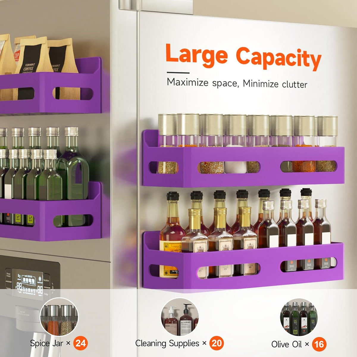 Magnetic Spice Rack for Refrigerator with Hooks, Black | Strong multipurpose magnetic shelf for kitchen & bathroom organization. Includes 4 removable hooks for hanging items.