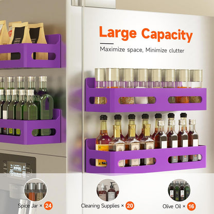 Magnetic Spice Rack for Refrigerator with Hooks, Black | Strong multipurpose magnetic shelf for kitchen & bathroom organization. Includes 4 removable hooks for hanging items.
