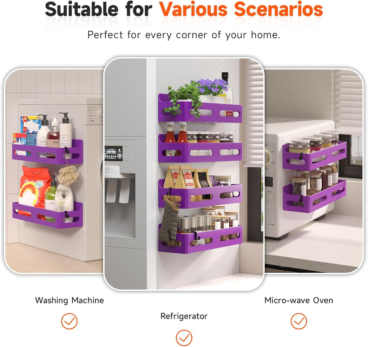 Magnetic Spice Rack for Refrigerator with Hooks, Black | Strong multipurpose magnetic shelf for kitchen & bathroom organization. Includes 4 removable hooks for hanging items.