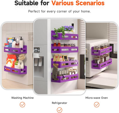 Magnetic Spice Rack for Refrigerator with Hooks, Black | Strong multipurpose magnetic shelf for kitchen & bathroom organization. Includes 4 removable hooks for hanging items.