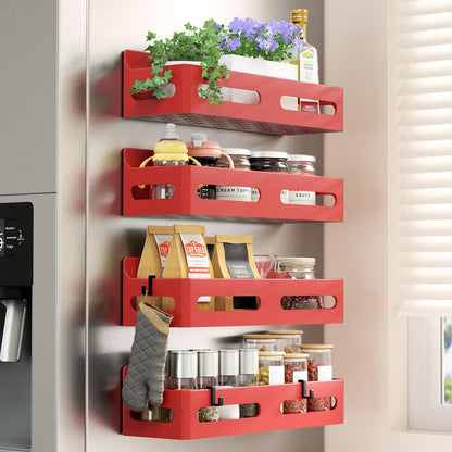 Magnetic Spice Rack for Refrigerator with Hooks, Black | Strong multipurpose magnetic shelf for kitchen & bathroom organization. Includes 4 removable hooks for hanging items.