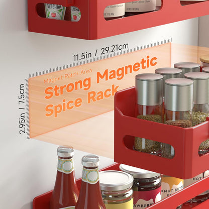 Magnetic Spice Rack for Refrigerator with Hooks, Black | Strong multipurpose magnetic shelf for kitchen & bathroom organization. Includes 4 removable hooks for hanging items.