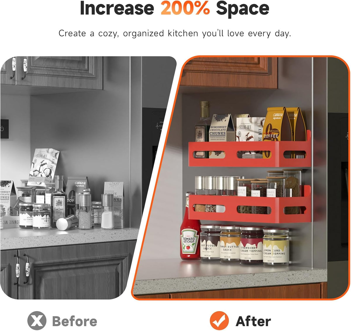 Magnetic Spice Rack for Refrigerator with Hooks, Black | Strong multipurpose magnetic shelf for kitchen & bathroom organization. Includes 4 removable hooks for hanging items.