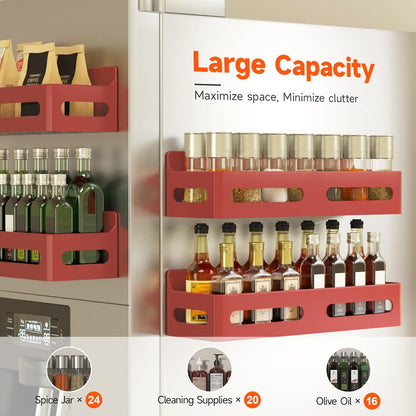 Magnetic Spice Rack for Refrigerator with Hooks, Black | Strong multipurpose magnetic shelf for kitchen & bathroom organization. Includes 4 removable hooks for hanging items.