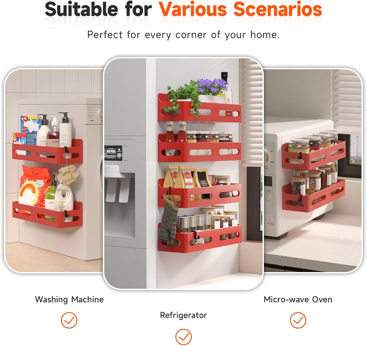 Magnetic Spice Rack for Refrigerator with Hooks, Black | Strong multipurpose magnetic shelf for kitchen & bathroom organization. Includes 4 removable hooks for hanging items.