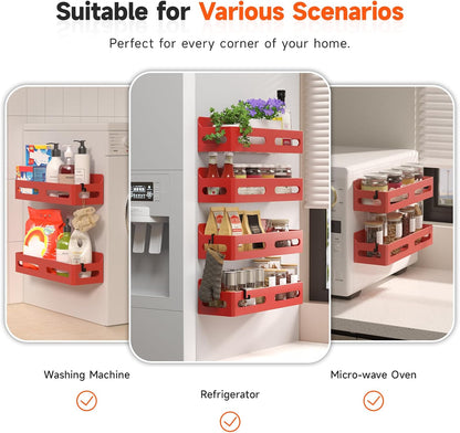 Magnetic Spice Rack for Refrigerator with Hooks, Black | Strong multipurpose magnetic shelf for kitchen & bathroom organization. Includes 4 removable hooks for hanging items.