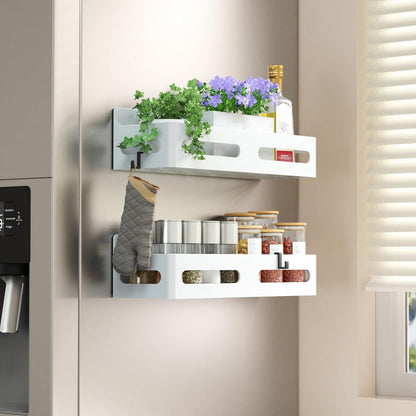 Magnetic Spice Rack for Refrigerator with Hooks, Black | Strong multipurpose magnetic shelf for kitchen & bathroom organization. Includes 4 removable hooks for hanging items.