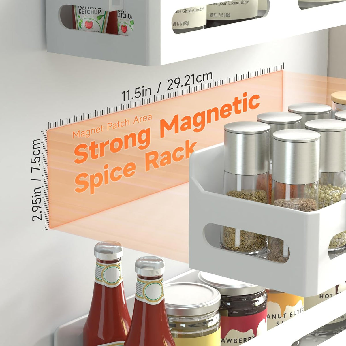 Magnetic Spice Rack for Refrigerator with Hooks, Black | Strong multipurpose magnetic shelf for kitchen & bathroom organization. Includes 4 removable hooks for hanging items.