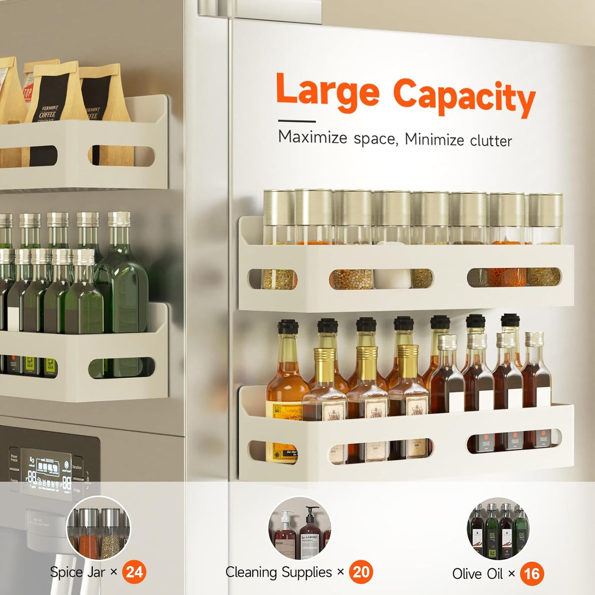 Magnetic Spice Rack for Refrigerator with Hooks, Black | Strong multipurpose magnetic shelf for kitchen & bathroom organization. Includes 4 removable hooks for hanging items.