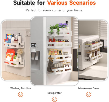 Magnetic Spice Rack for Refrigerator with Hooks, Black | Strong multipurpose magnetic shelf for kitchen & bathroom organization. Includes 4 removable hooks for hanging items.