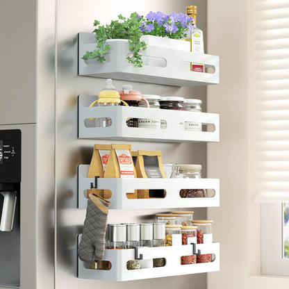 Magnetic Spice Rack for Refrigerator with Hooks, Black | Strong multipurpose magnetic shelf for kitchen & bathroom organization. Includes 4 removable hooks for hanging items.