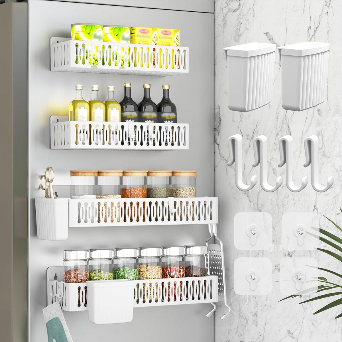 Magnetic Spice Rack for Refrigerator with Hooks, Black | Strong multipurpose magnetic shelf for kitchen & bathroom organization. Includes 4 removable hooks for hanging items.
