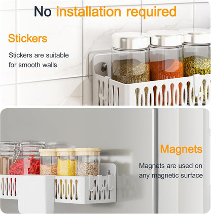 Magnetic Spice Rack for Refrigerator with Hooks, Black | Strong multipurpose magnetic shelf for kitchen & bathroom organization. Includes 4 removable hooks for hanging items.