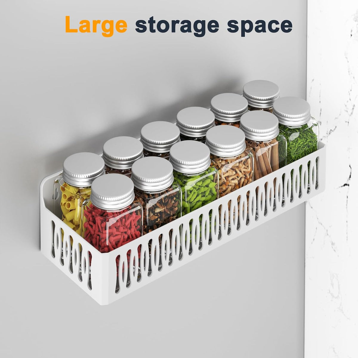 Magnetic Spice Rack for Refrigerator with Hooks, Black | Strong multipurpose magnetic shelf for kitchen & bathroom organization. Includes 4 removable hooks for hanging items.