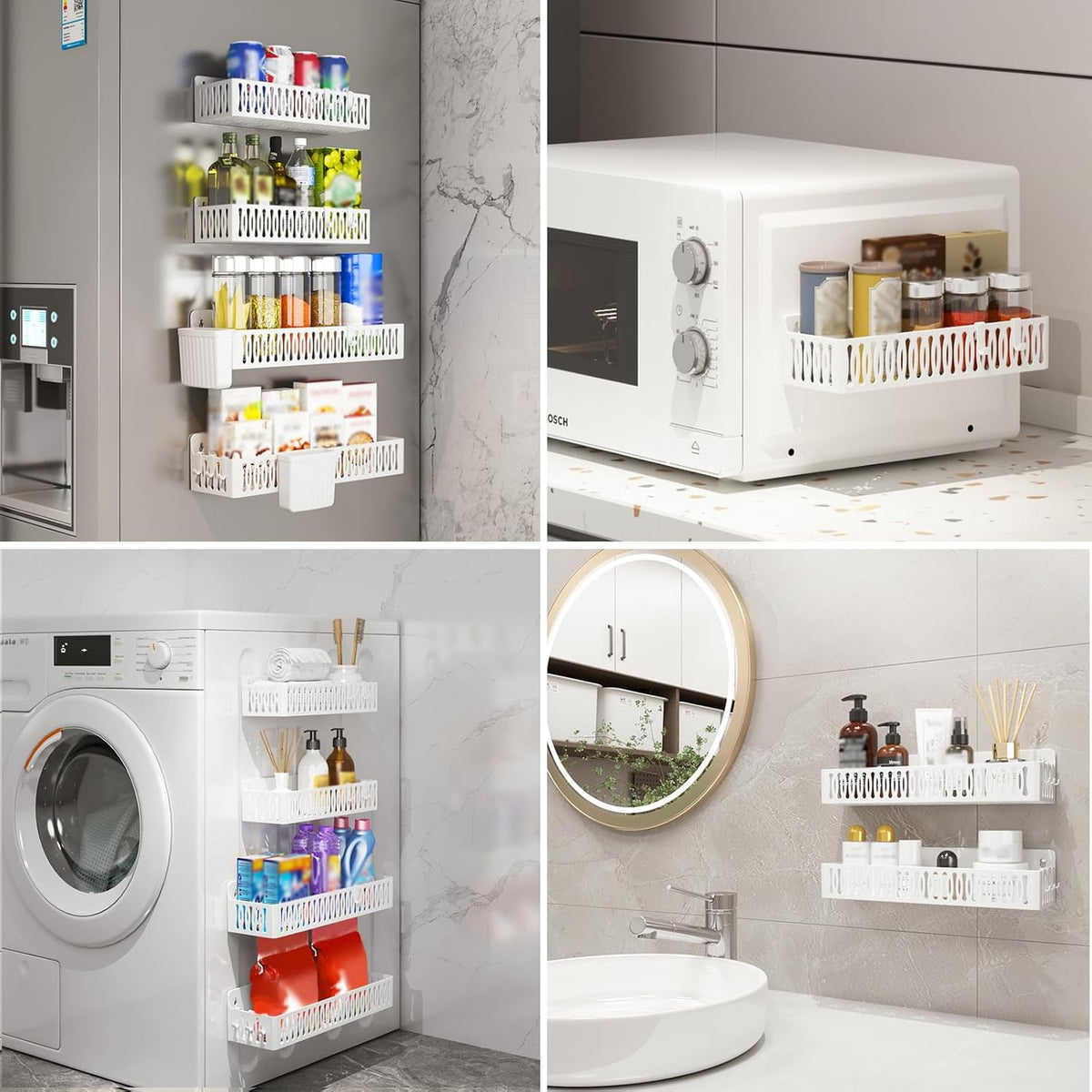 Magnetic Spice Rack for Refrigerator with Hooks, Black | Strong multipurpose magnetic shelf for kitchen & bathroom organization. Includes 4 removable hooks for hanging items.