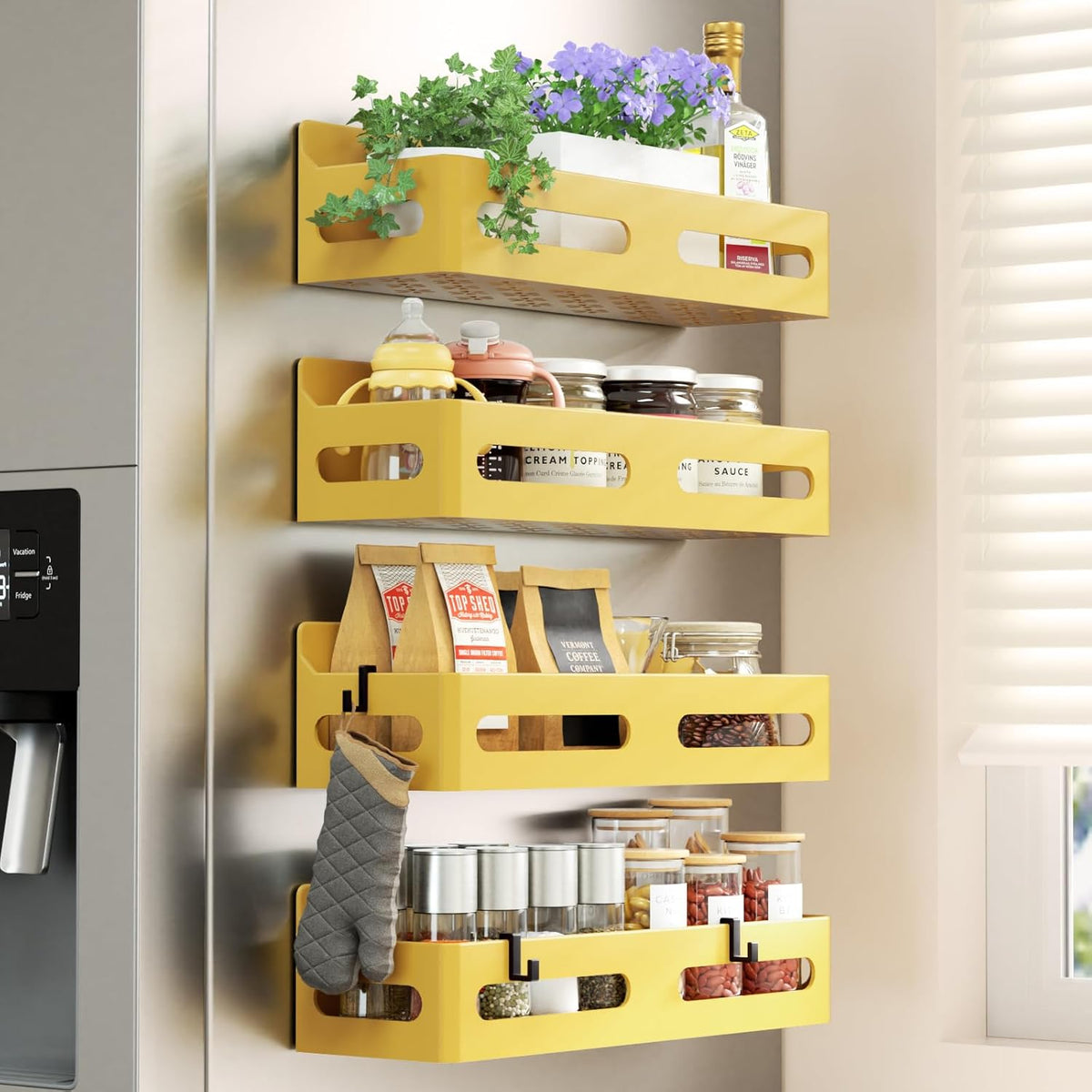 Magnetic Spice Rack for Refrigerator with Hooks, Black | Strong multipurpose magnetic shelf for kitchen & bathroom organization. Includes 4 removable hooks for hanging items.