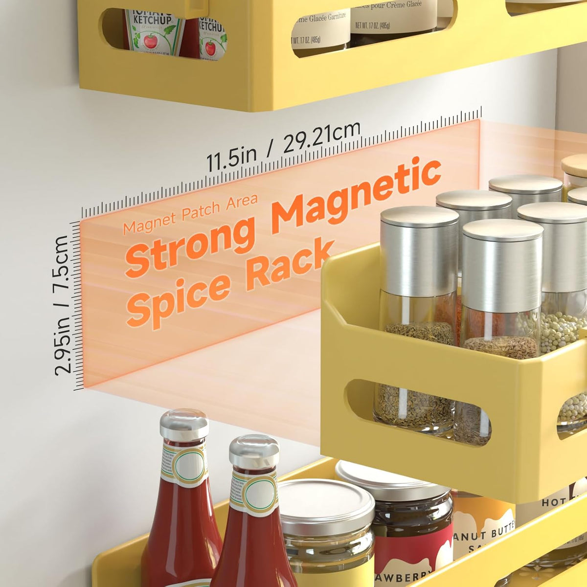 Magnetic Spice Rack for Refrigerator with Hooks, Black | Strong multipurpose magnetic shelf for kitchen & bathroom organization. Includes 4 removable hooks for hanging items.