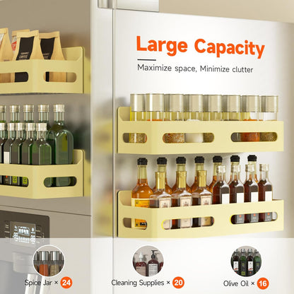 Magnetic Spice Rack for Refrigerator with Hooks, Black | Strong multipurpose magnetic shelf for kitchen & bathroom organization. Includes 4 removable hooks for hanging items.