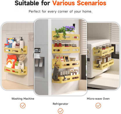 Magnetic Spice Rack for Refrigerator with Hooks, Black | Strong multipurpose magnetic shelf for kitchen & bathroom organization. Includes 4 removable hooks for hanging items.