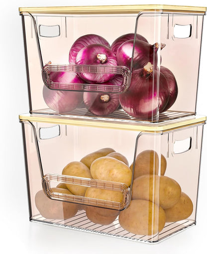 2 Set Pantry Organizers and Storage, Trash Bag Holder Under Sink Organizer for 4-13 Gal Bags, Trash Bag Dispenser with Bamboo Top for Onion, Potato, Garlic, Clear (11-7/32"L*7" W*7-1/8"H)