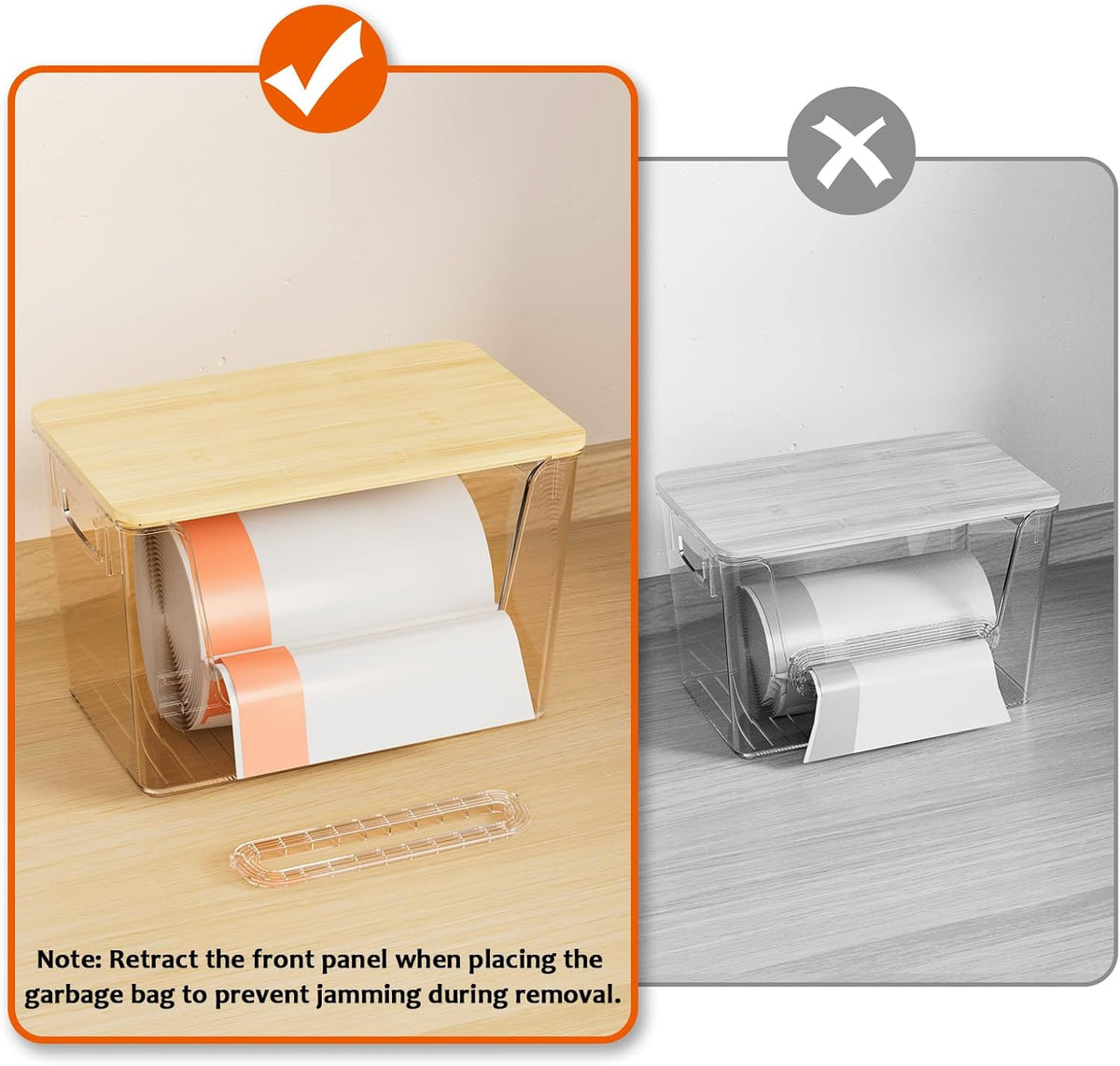 2 Set Pantry Organizers and Storage, Trash Bag Holder Under Sink Organizer for 4-13 Gal Bags, Trash Bag Dispenser with Bamboo Top for Onion, Potato, Garlic, Clear (11-7/32"L*7" W*7-1/8"H)