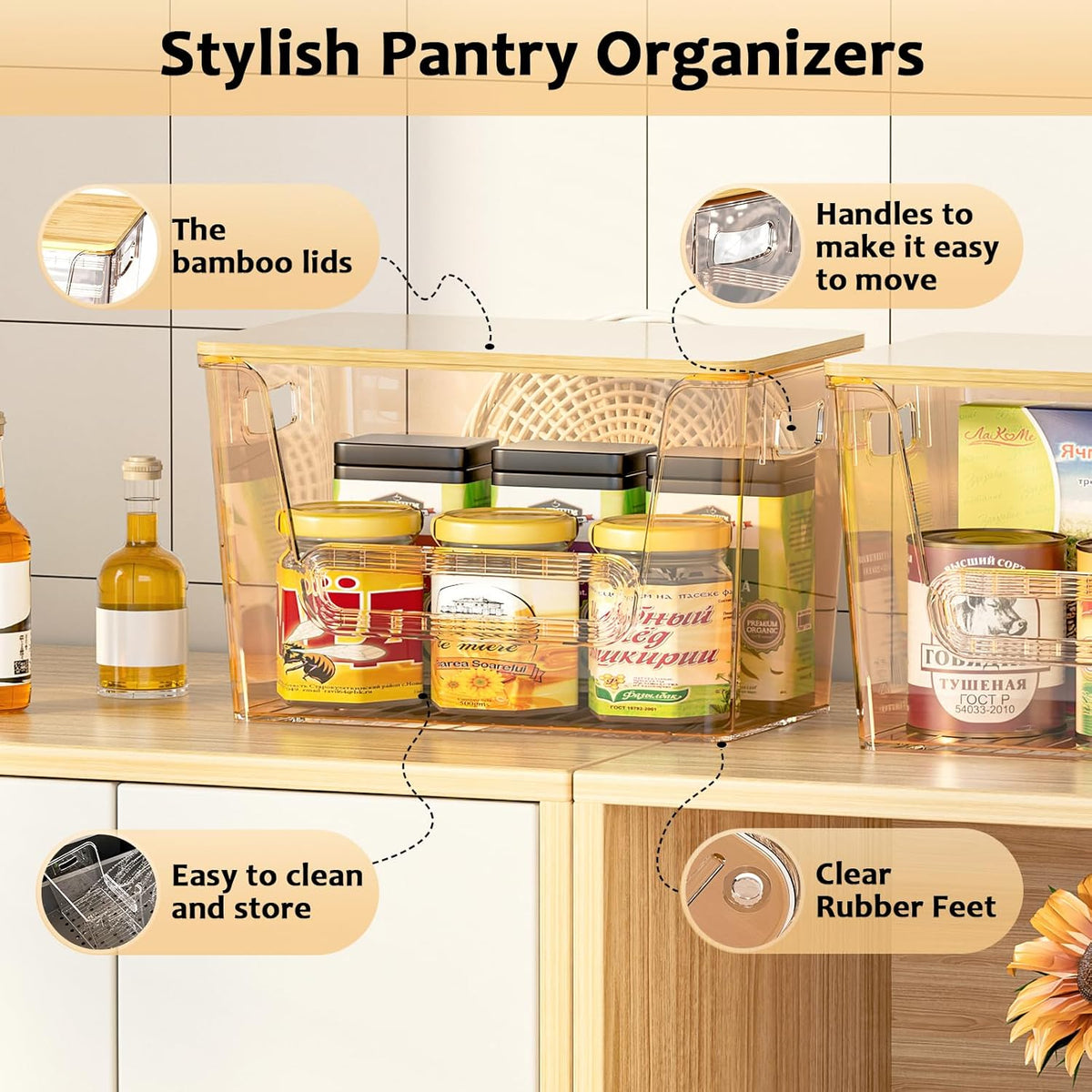 2 Set Pantry Organizers and Storage, Trash Bag Holder Under Sink Organizer for 4-13 Gal Bags, Trash Bag Dispenser with Bamboo Top for Onion, Potato, Garlic, Clear (11-7/32"L*7" W*7-1/8"H)
