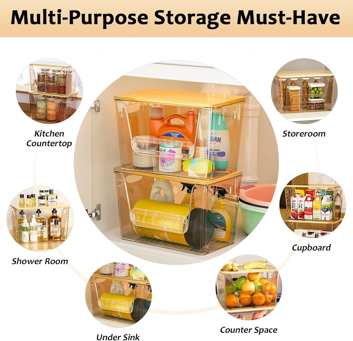 2 Set Pantry Organizers and Storage, Trash Bag Holder Under Sink Organizer for 4-13 Gal Bags, Trash Bag Dispenser with Bamboo Top for Onion, Potato, Garlic, Clear (11-7/32"L*7" W*7-1/8"H)