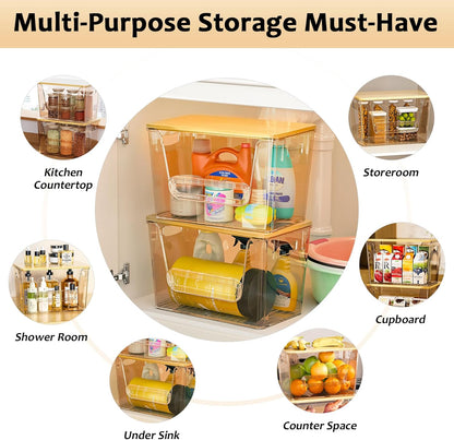 2 Set Pantry Organizers and Storage, Trash Bag Holder Under Sink Organizer for 4-13 Gal Bags, Trash Bag Dispenser with Bamboo Top for Onion, Potato, Garlic, Clear (11-7/32"L*7" W*7-1/8"H)