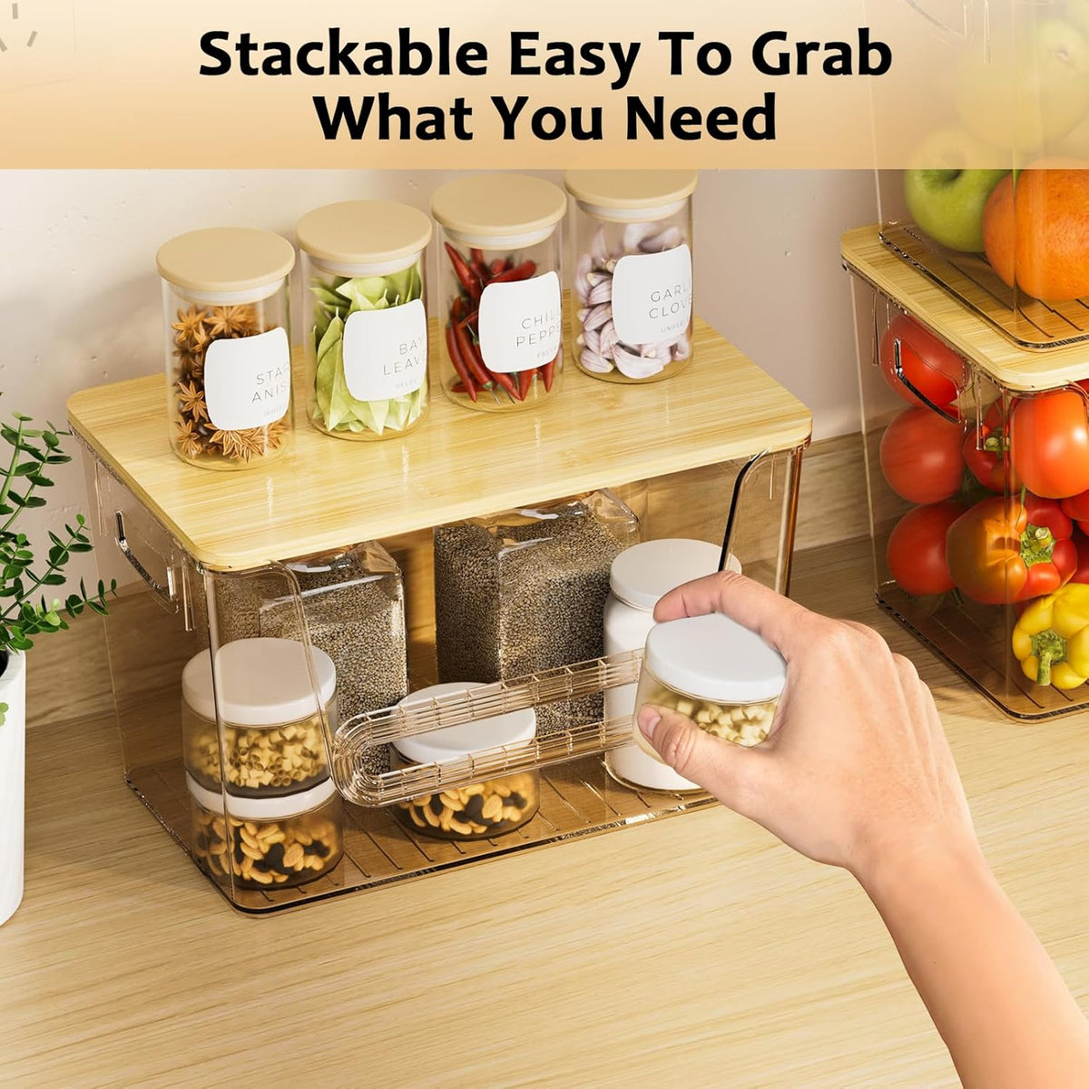 2 Set Pantry Organizers and Storage, Trash Bag Holder Under Sink Organizer for 4-13 Gal Bags, Trash Bag Dispenser with Bamboo Top for Onion, Potato, Garlic, Clear (11-7/32"L*7" W*7-1/8"H)