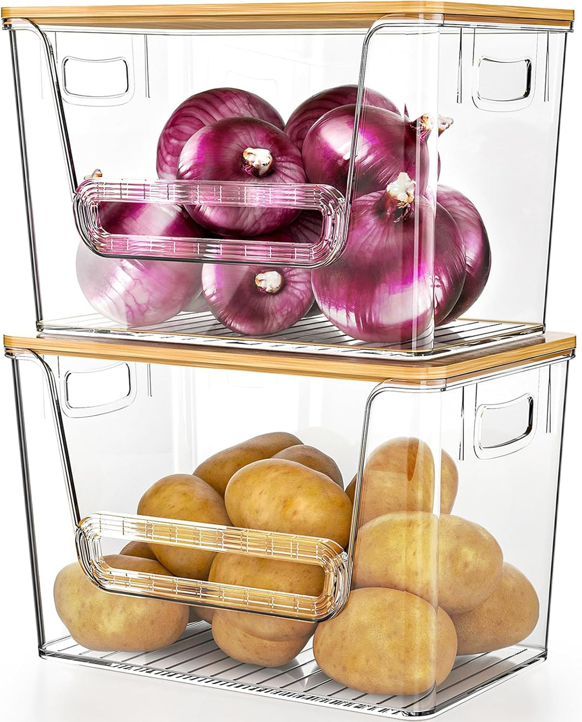 2 Set Pantry Organizers and Storage, Trash Bag Holder Under Sink Organizer for 4-13 Gal Bags, Trash Bag Dispenser with Bamboo Top for Onion, Potato, Garlic, Clear (11-7/32"L*7" W*7-1/8"H)