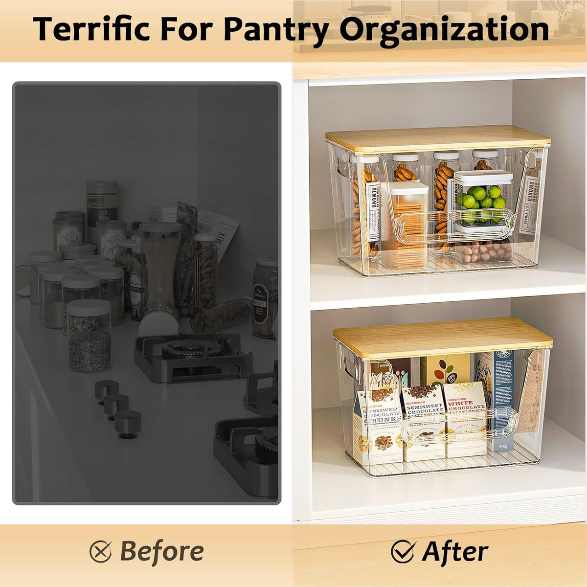 2 Set Pantry Organizers and Storage, Trash Bag Holder Under Sink Organizer for 4-13 Gal Bags, Trash Bag Dispenser with Bamboo Top for Onion, Potato, Garlic, Clear (11-7/32"L*7" W*7-1/8"H)
