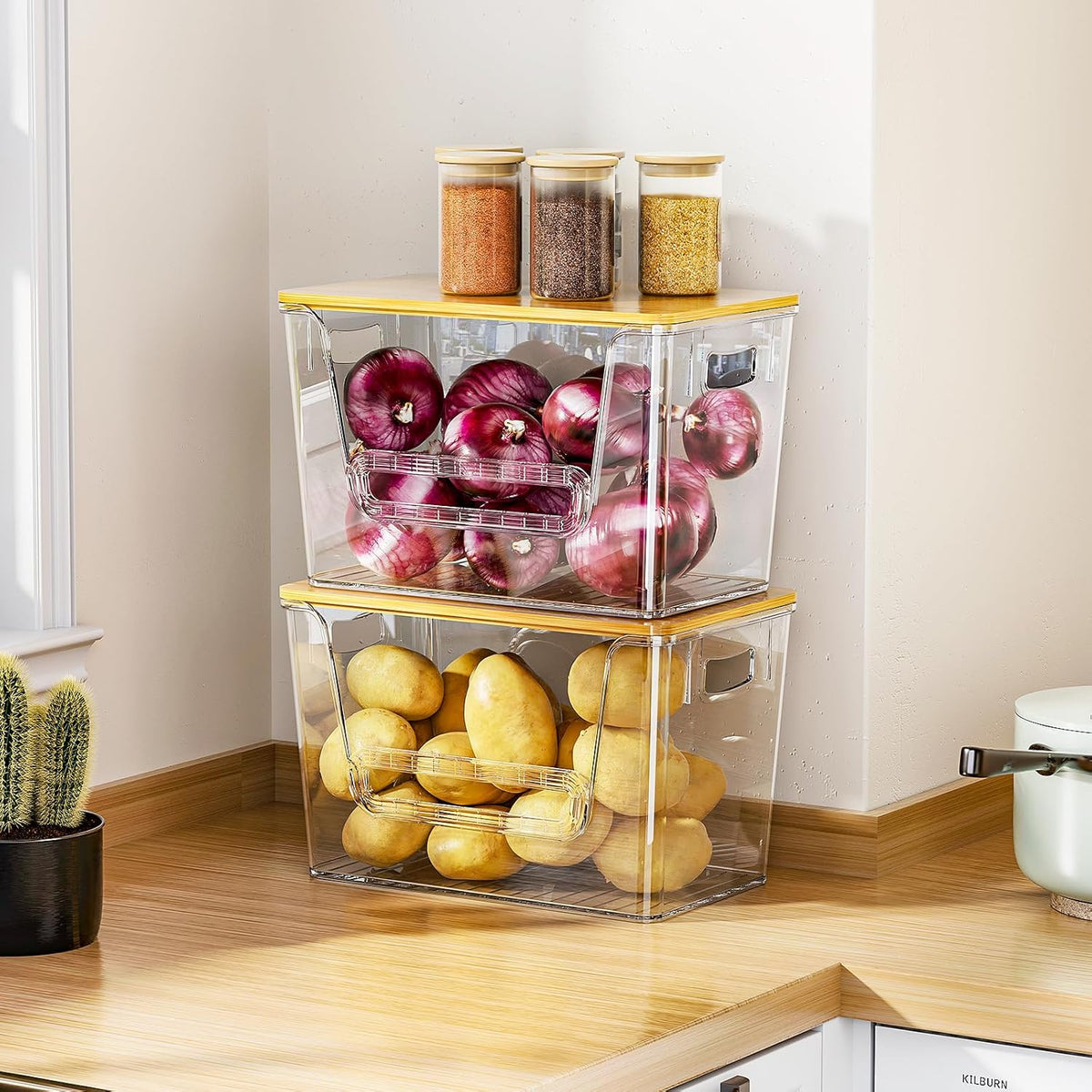 2 Set Pantry Organizers and Storage, Trash Bag Holder Under Sink Organizer for 4-13 Gal Bags, Trash Bag Dispenser with Bamboo Top for Onion, Potato, Garlic, Clear (11-7/32"L*7" W*7-1/8"H)