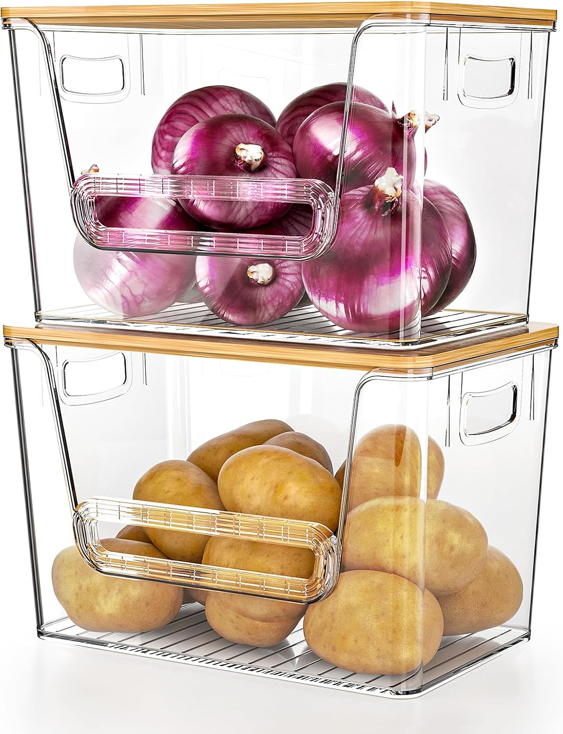 2 Set Pantry Organizers and Storage, Trash Bag Holder Under Sink Organizer for 4-13 Gal Bags, Trash Bag Dispenser with Bamboo Top for Onion, Potato, Garlic, Clear (11-7/32"L*7" W*7-1/8"H)