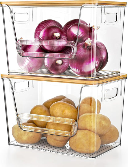 2 Set Pantry Organizers and Storage, Trash Bag Holder Under Sink Organizer for 4-13 Gal Bags, Trash Bag Dispenser with Bamboo Top for Onion, Potato, Garlic, Clear (11-7/32"L*7" W*7-1/8"H)