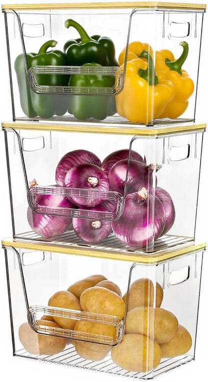 2 Set Pantry Organizers and Storage, Trash Bag Holder Under Sink Organizer for 4-13 Gal Bags, Trash Bag Dispenser with Bamboo Top for Onion, Potato, Garlic, Clear (11-7/32"L*7" W*7-1/8"H)