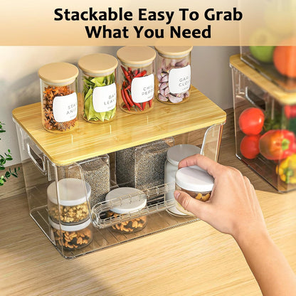 2 Set Pantry Organizers and Storage, Trash Bag Holder Under Sink Organizer for 4-13 Gal Bags, Trash Bag Dispenser with Bamboo Top for Onion, Potato, Garlic, Clear (11-7/32"L*7" W*7-1/8"H)