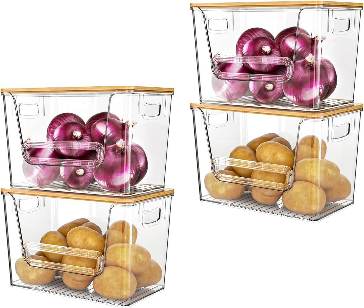 2 Set Pantry Organizers and Storage, Trash Bag Holder Under Sink Organizer for 4-13 Gal Bags, Trash Bag Dispenser with Bamboo Top for Onion, Potato, Garlic, Clear (11-7/32"L*7" W*7-1/8"H)