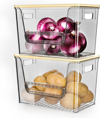 2 Set Pantry Organizers and Storage, Trash Bag Holder Under Sink Organizer for 4-13 Gal Bags, Trash Bag Dispenser with Bamboo Top for Onion, Potato, Garlic, Clear (11-7/32"L*7" W*7-1/8"H)