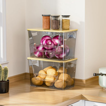 2 Set Pantry Organizers and Storage, Trash Bag Holder Under Sink Organizer for 4-13 Gal Bags, Trash Bag Dispenser with Bamboo Top for Onion, Potato, Garlic, Clear (11-7/32"L*7" W*7-1/8"H)