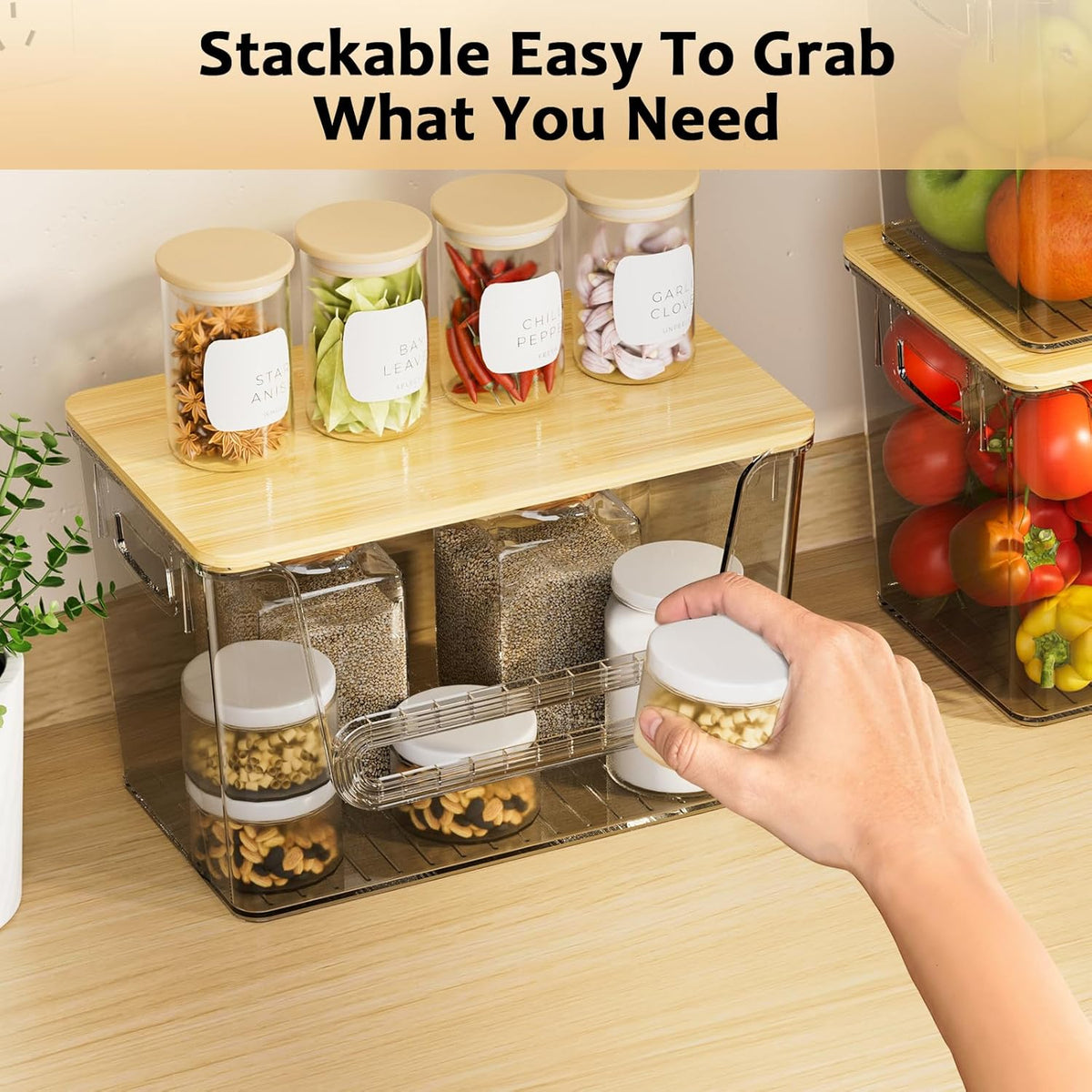 2 Set Pantry Organizers and Storage, Trash Bag Holder Under Sink Organizer for 4-13 Gal Bags, Trash Bag Dispenser with Bamboo Top for Onion, Potato, Garlic, Clear (11-7/32"L*7" W*7-1/8"H)