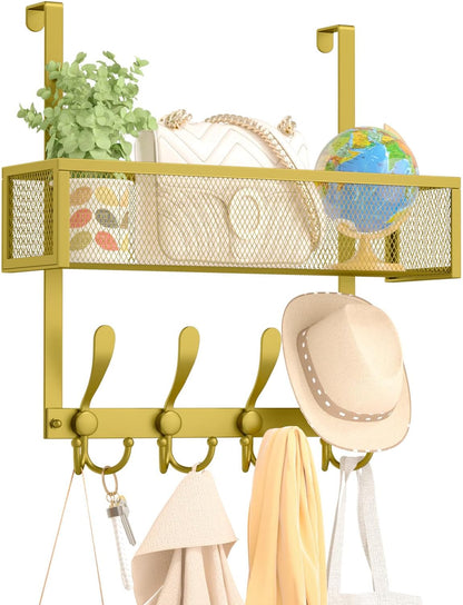 Over The Door Hooks Organizer,Over Door Hanger Towel Rack Mesh Basket with 12 Hooks,Back of Door Storage Organizer for Bedroom,Bathroom,Kitchen,Office(Black)