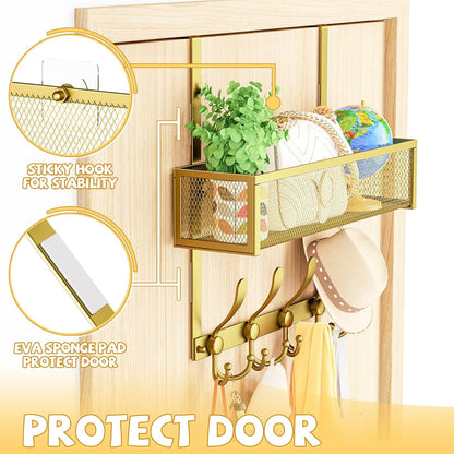 Over The Door Hooks Organizer,Over Door Hanger Towel Rack Mesh Basket with 12 Hooks,Back of Door Storage Organizer for Bedroom,Bathroom,Kitchen,Office(Black)